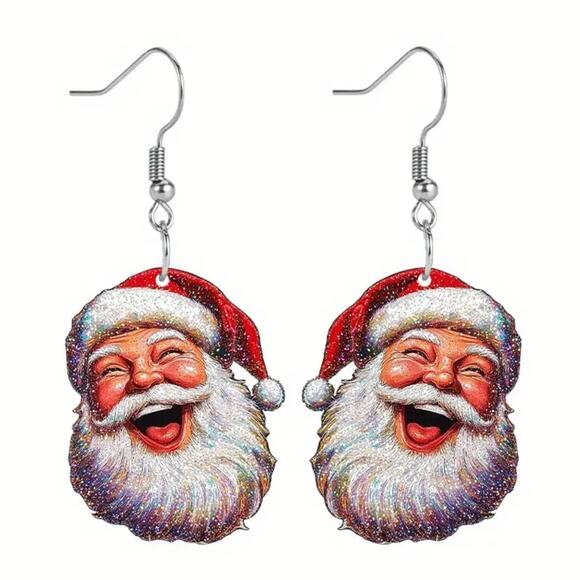 Acrylic Laughing Santa Christmas Drop Earrings - Picture 1 of 2